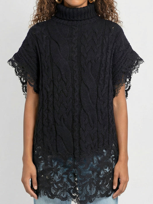 Sleeveless Turtleneck Cable-Knit Sweater with Lace Trim - Sweaters & Knitwear