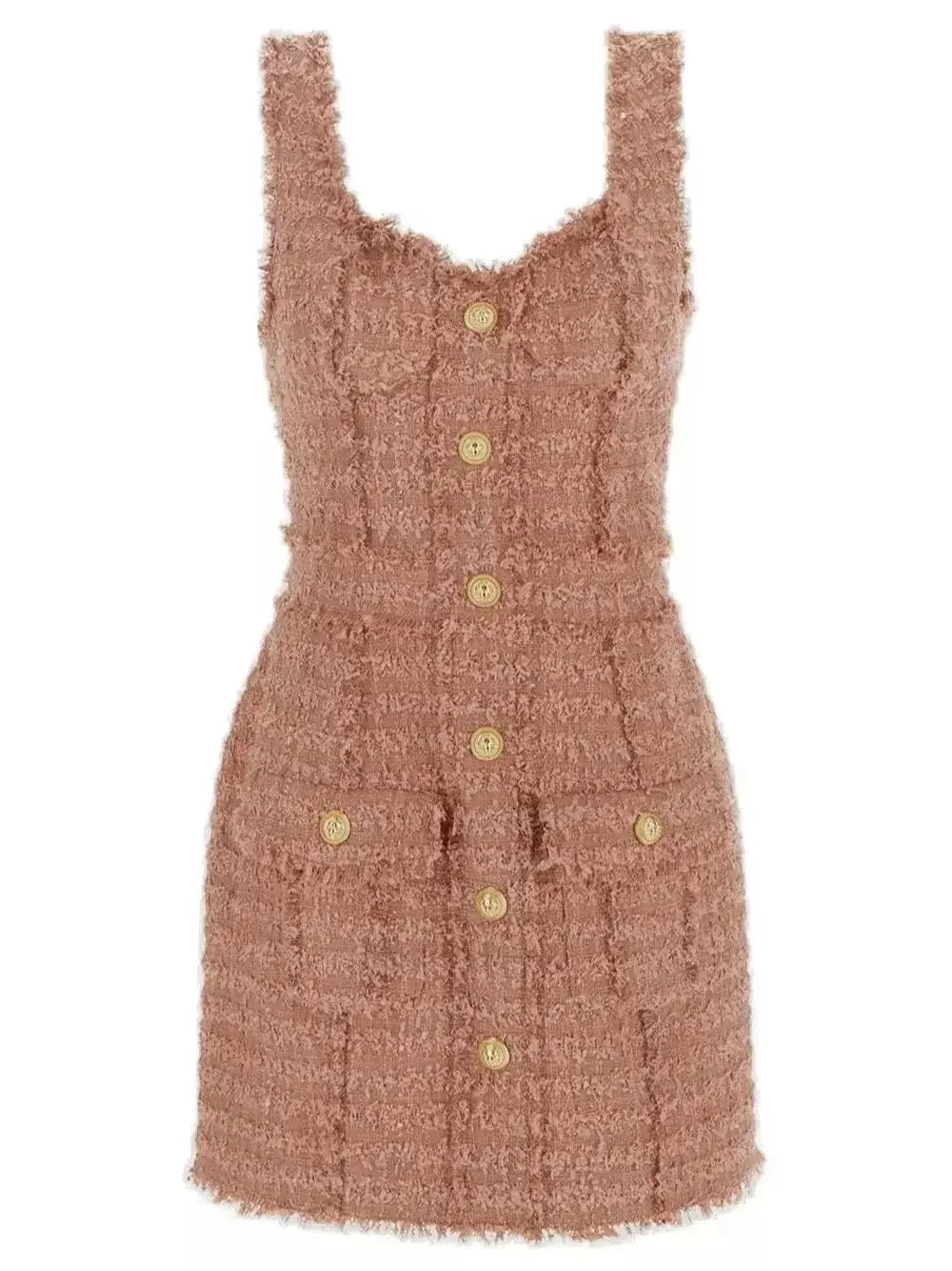 Sleeveless Tweed Buttoned Mini Dress - Dresses
