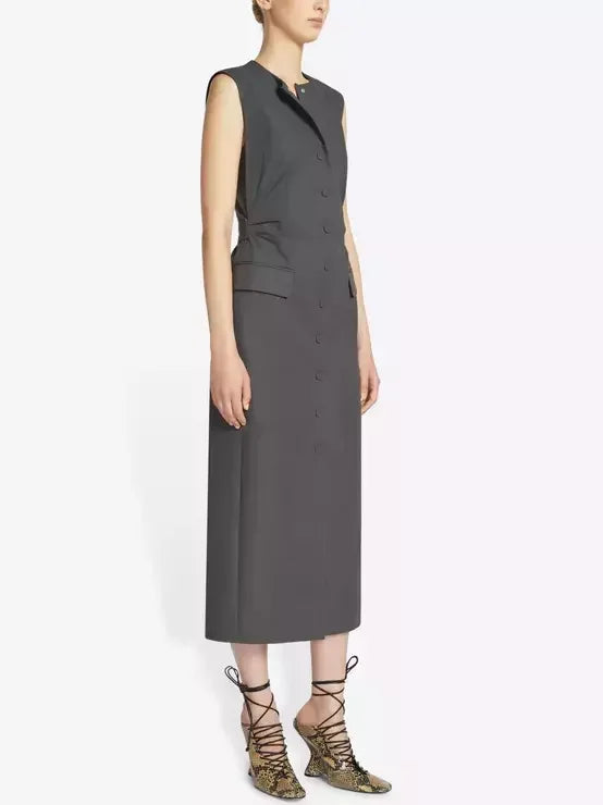 Snap-Button Fitted Gabardine Midi Dress in Grey - Dresses