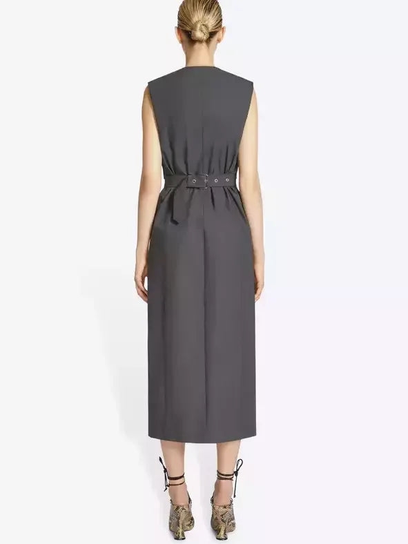 Snap-Button Fitted Gabardine Midi Dress in Grey - Dresses