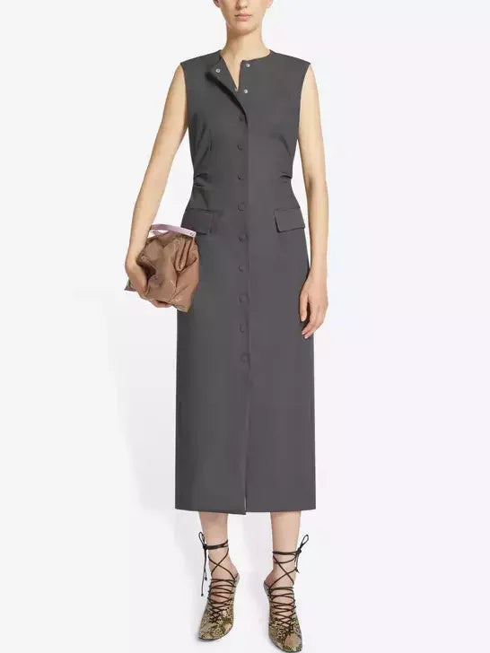 Snap-Button Fitted Gabardine Midi Dress in Grey - Dresses
