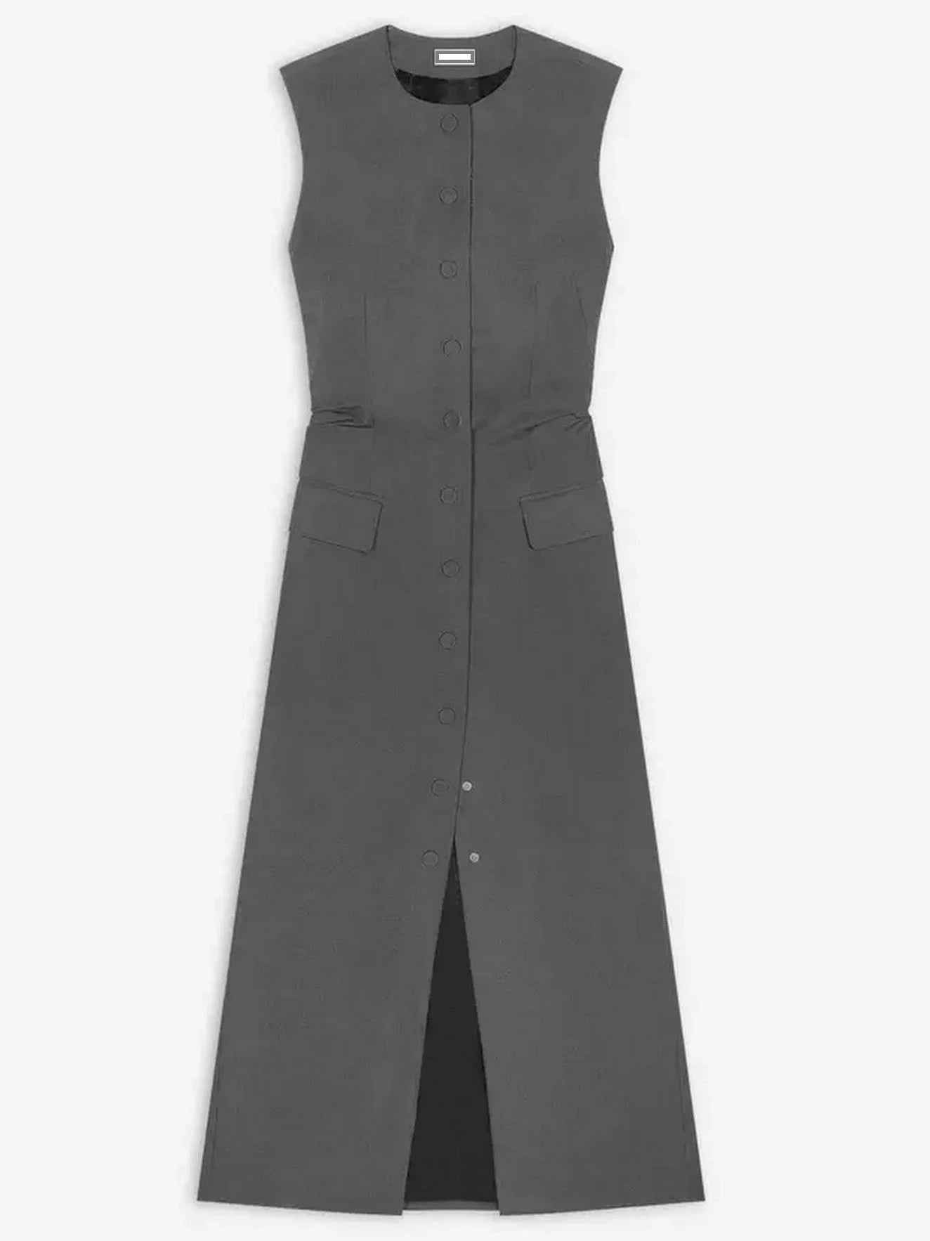 Snap-Button Fitted Gabardine Midi Dress in Grey - Dresses