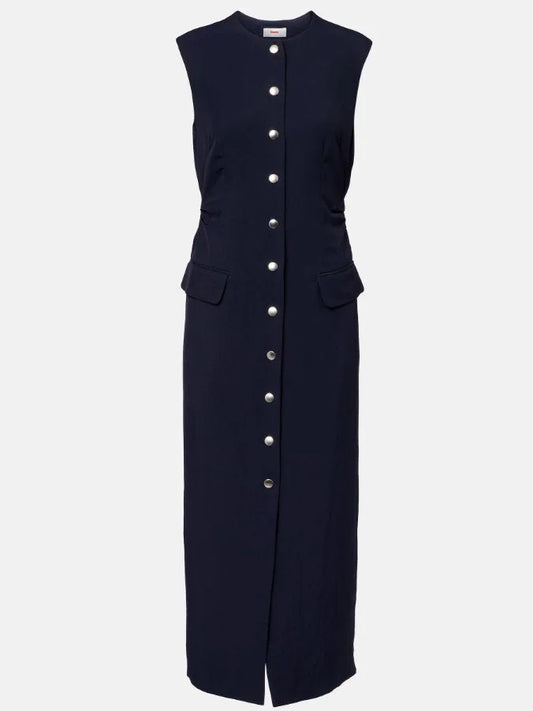 Snap-Button Fitted Gabardine Midi Dress in Navy - Dresses