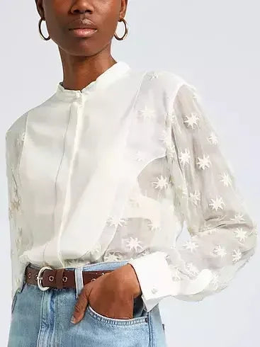 Star-Embroidery Silk-Mousseline Sheer Blouse - Tops