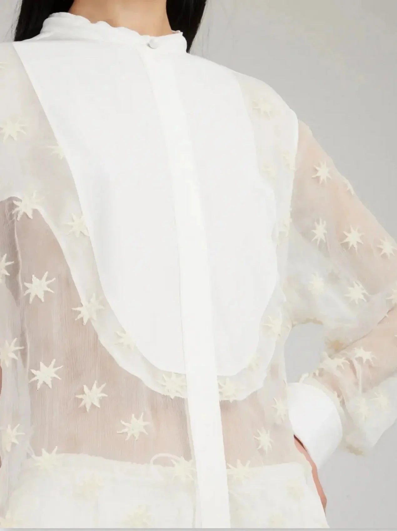 Star-Embroidery Silk-Mousseline Sheer Blouse - Tops