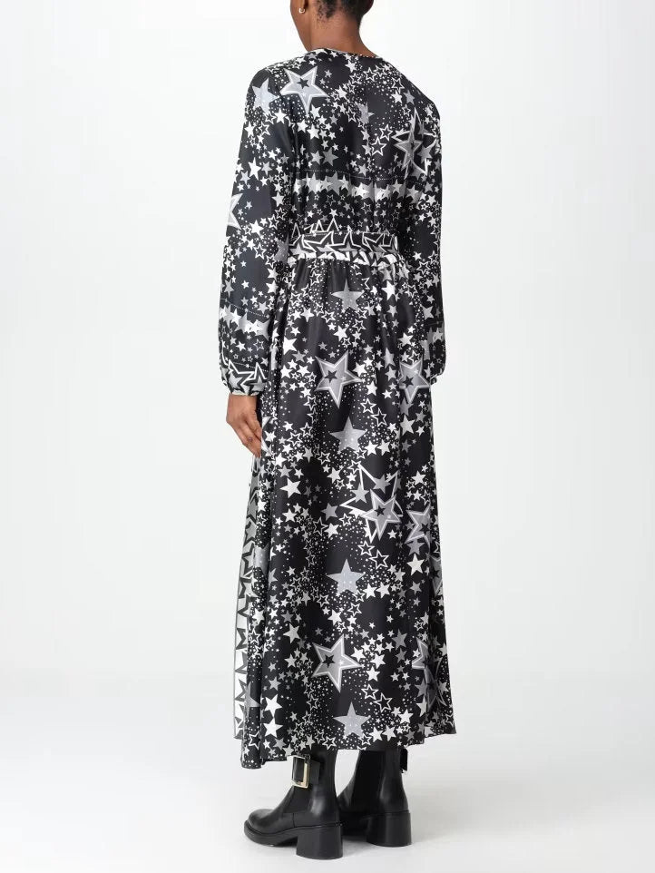 Star Print Long Silk Dress in Black White and Gray - Dresses