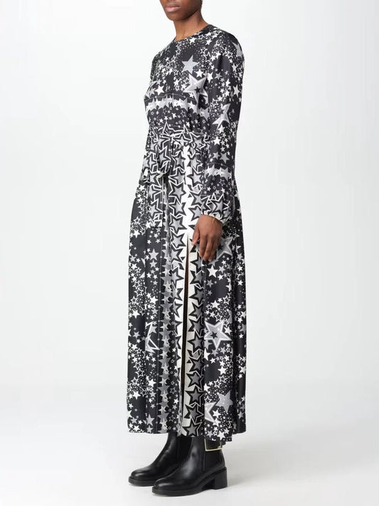 Star Print Long Silk Dress in Black White and Gray - Dresses