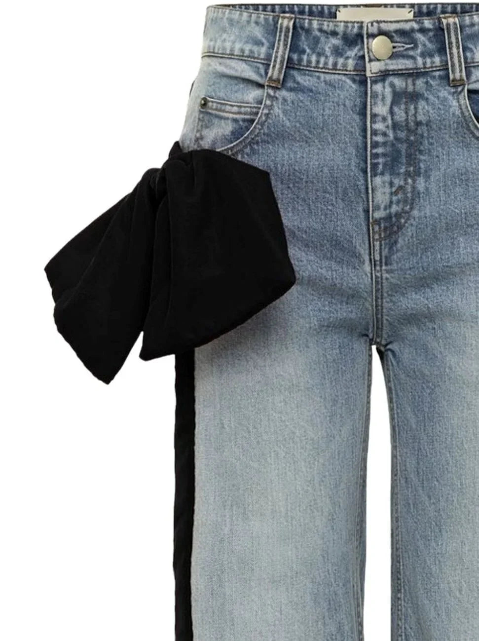 Straight Leg Jeans with Black Velvet Stripe and Bow - Jeans & Pants