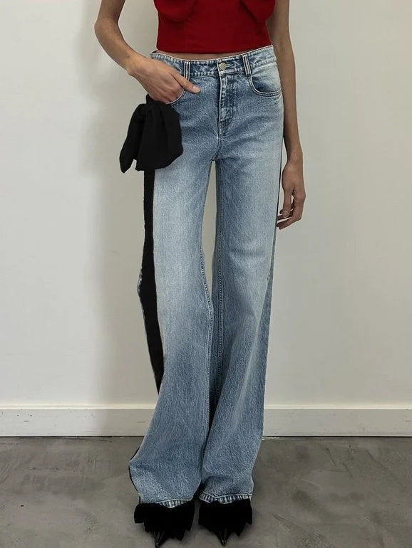 Straight Leg Jeans with Black Velvet Stripe and Bow - Jeans & Pants