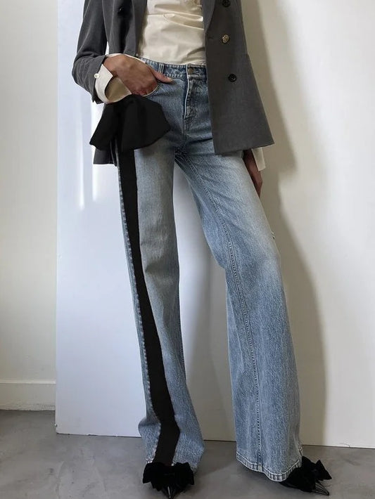 Straight Leg Jeans with Black Velvet Stripe and Bow - Jeans & Pants