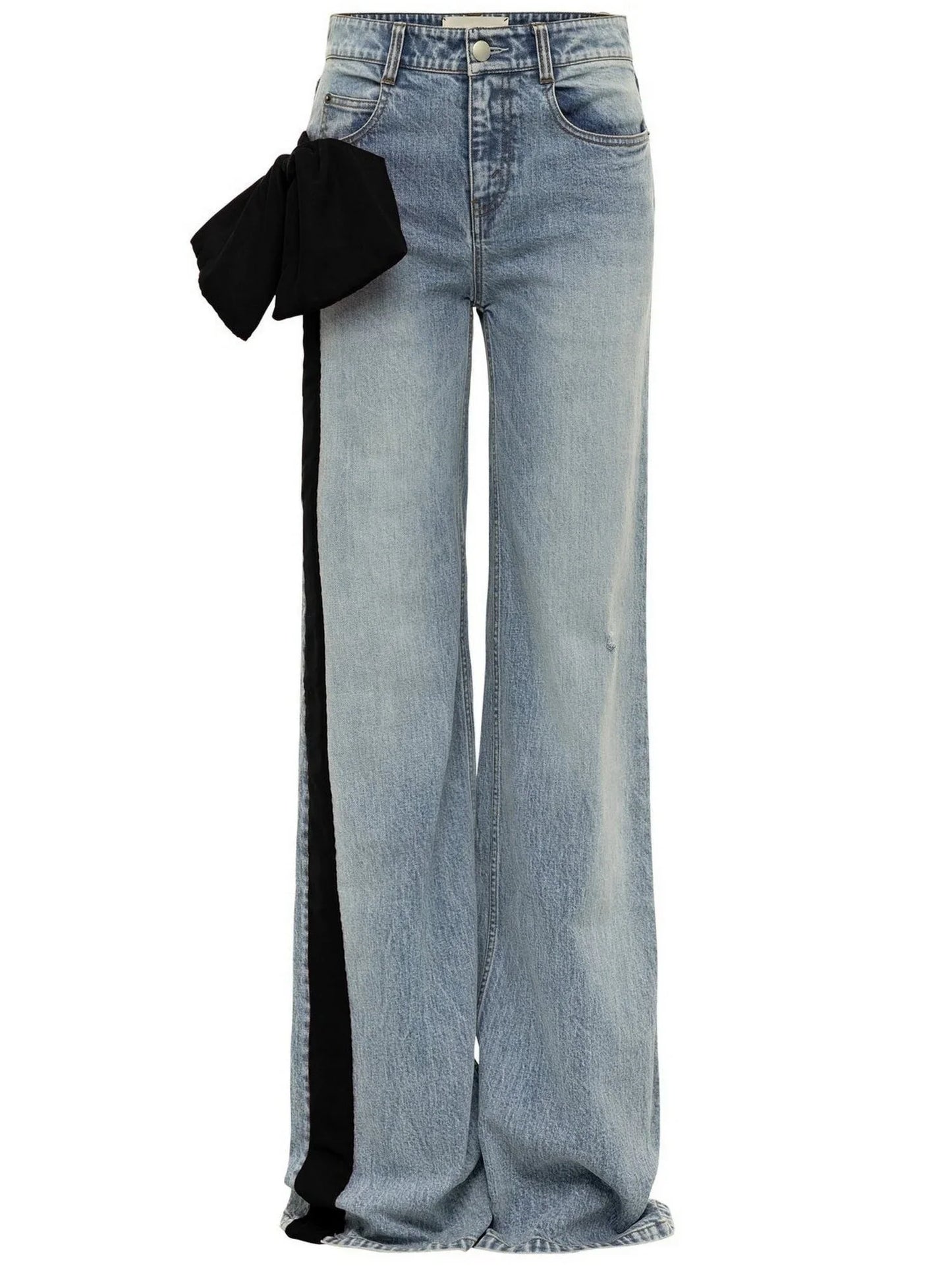 Straight Leg Jeans with Black Velvet Stripe and Bow - Jeans & Pants