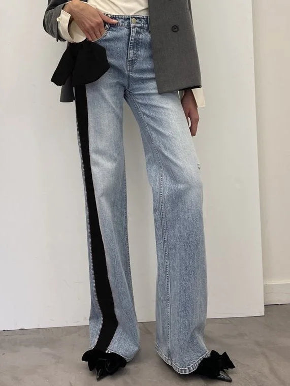 Straight Leg Jeans with Black Velvet Stripe and Bow - Jeans & Pants