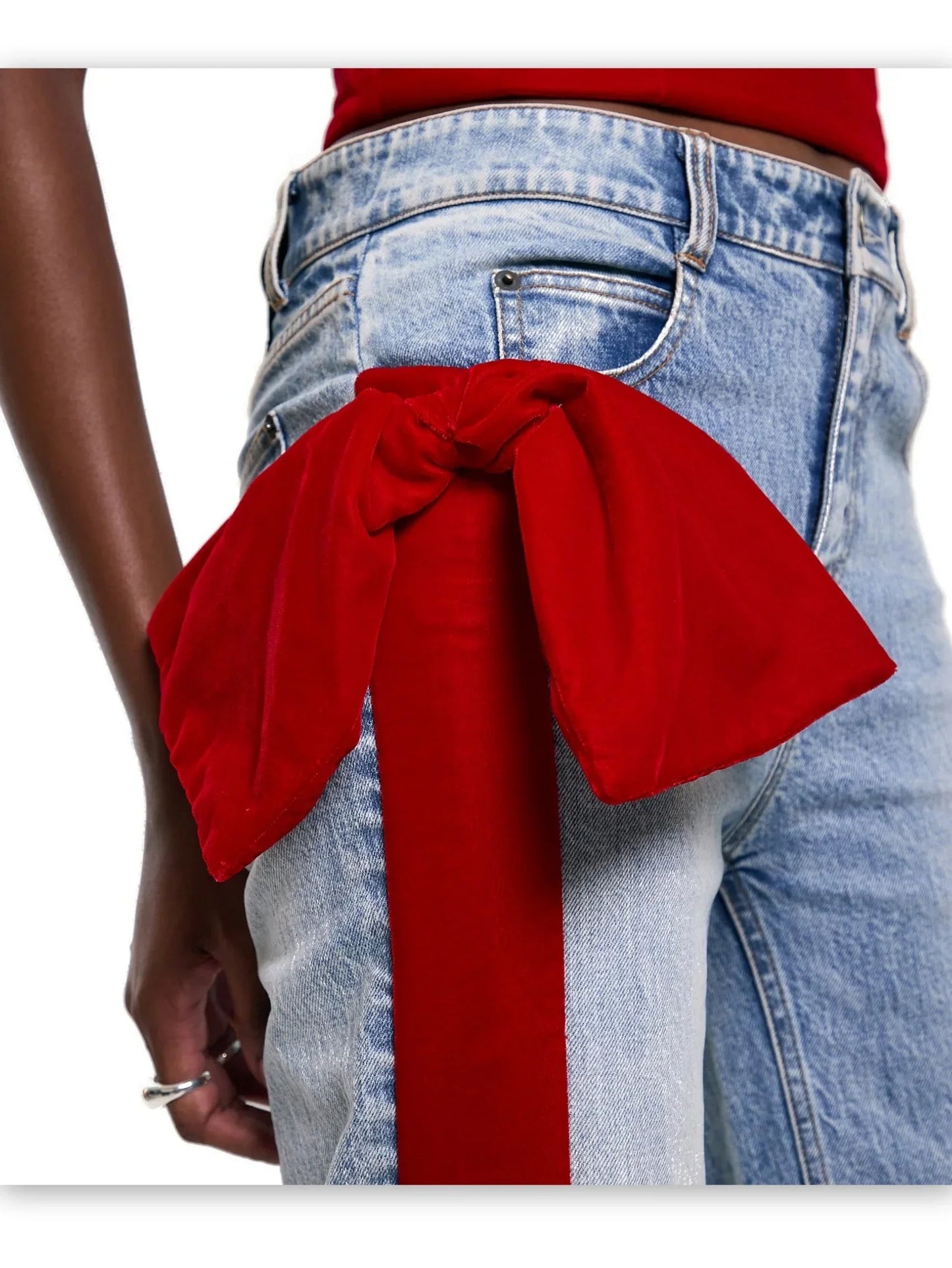 Straight Leg Jeans with Red Velvet Stripe and Bow - Jeans & Pants