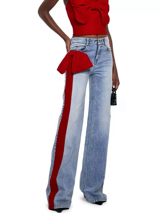 Straight Leg Jeans with Red Velvet Stripe and Bow - Jeans & Pants