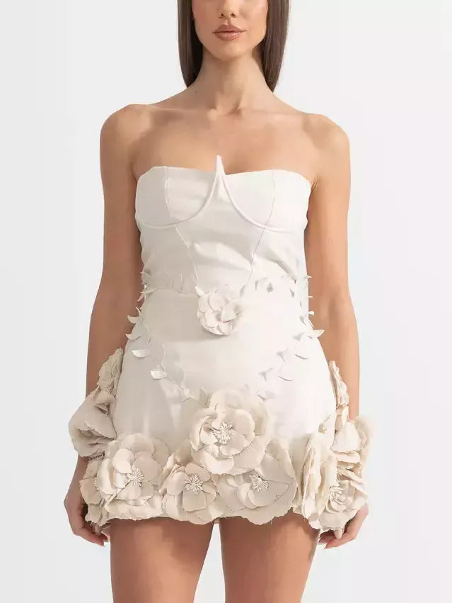 Strapless Bustier Dress with Floral Appliques - Dresses