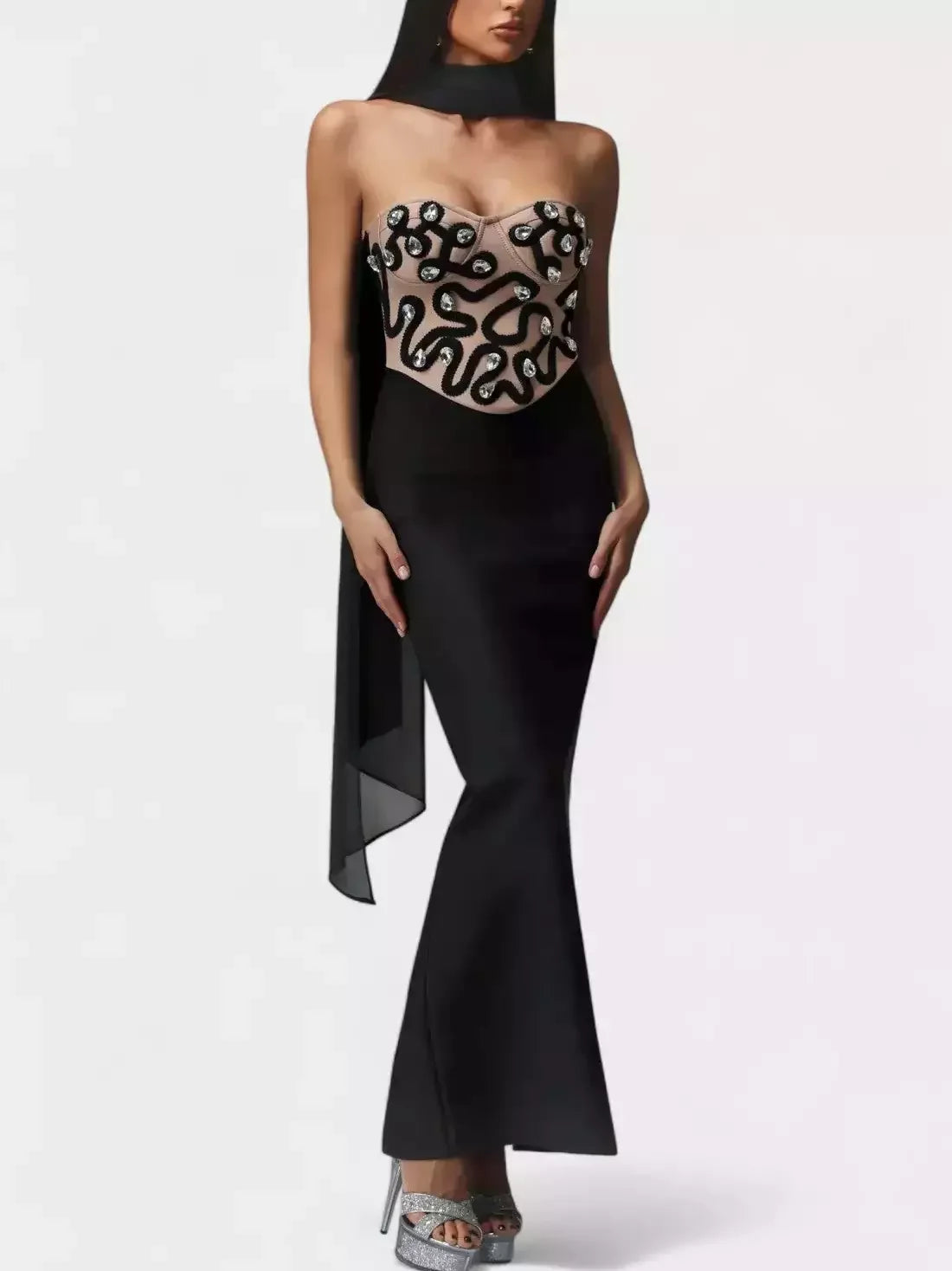 Strapless Embellished Bodycon Maxi Dress - Small - Dresses