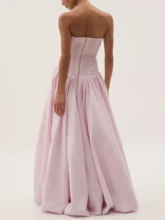 Strapless gathered long pink gown in light pink, ideal for formal occasions