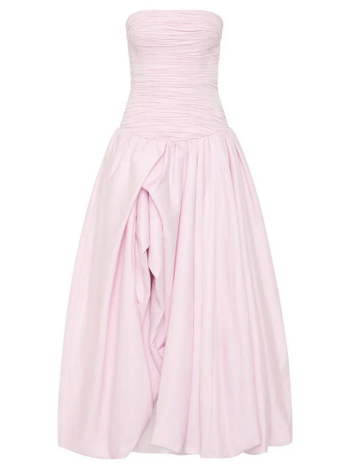 Strapless Gathered Long Pink Gown featuring a corset bodice and elegant design