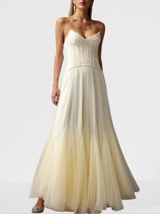 Strapless Lace Corset and Mesh Gown in Yellow - Small - Dresses