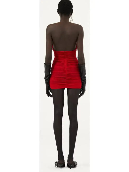 Strapless Plunge Mini Dress in Red - Dresses