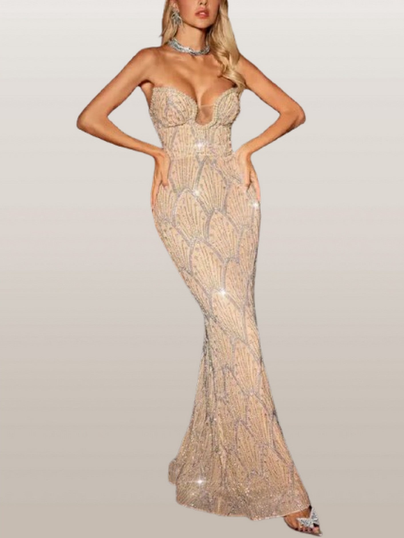 Strapless Sequin and Pearl Embellished Mesh Gown in Nude - Dresses