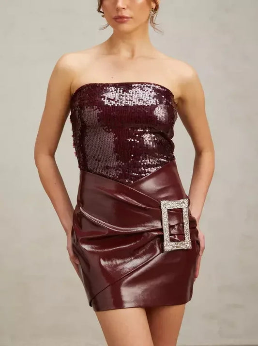 Burgundy Strapless Sequin Mini Dress with Buckled Wrap Effect and Patent Leather Skirt