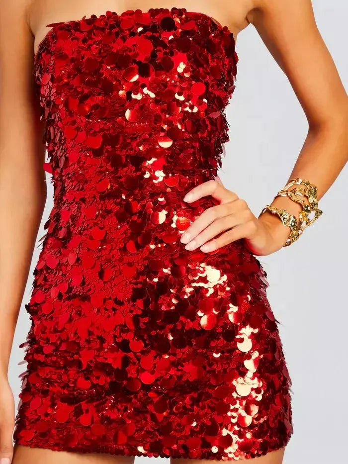 Strapless Sequined Mini Cocktail Dress in Red - Dresses