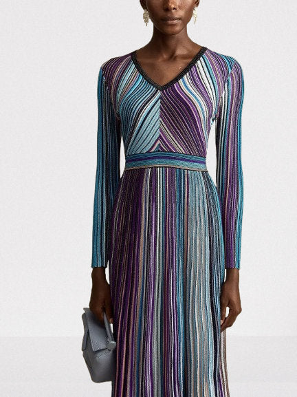 Stripe Knit V-Neck Midi Dress in Dark Multicolor - Dresses