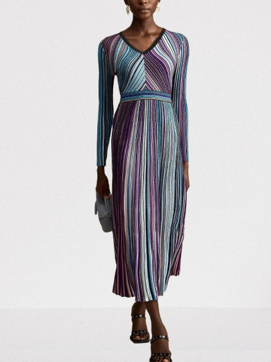 Stripe Knit V-Neck Midi Dress in Dark Multicolor - Dresses
