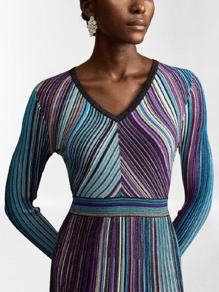 Stripe Knit V-Neck Midi Dress in Dark Multicolor - Dresses