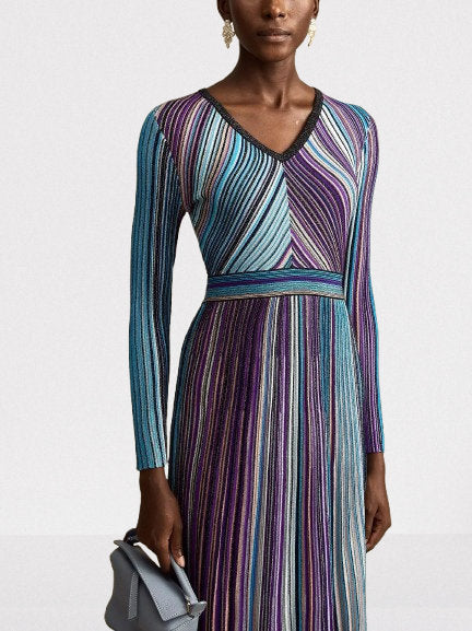 Stripe Knit V-Neck Midi Dress in Dark Multicolor - Dresses
