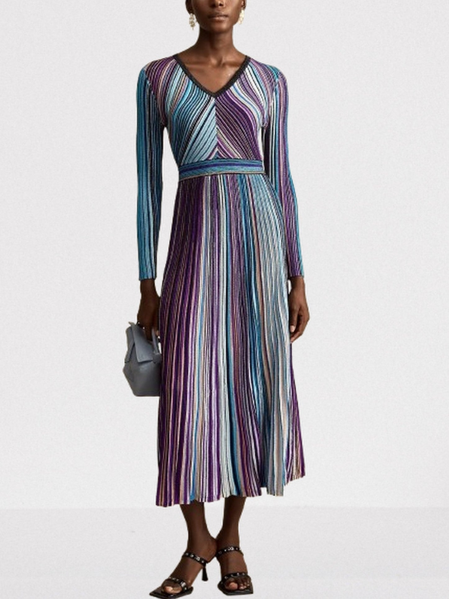 Stripe Knit V-Neck Midi Dress in Dark Multicolor - Dresses