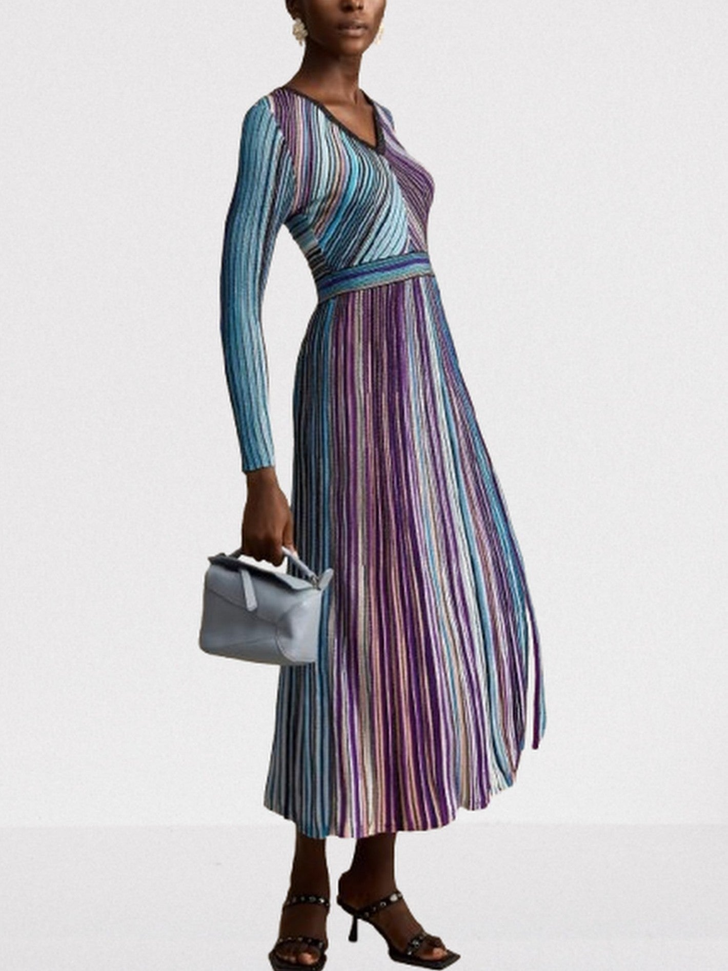 Stripe Knit V-Neck Midi Dress in Dark Multicolor - Dresses