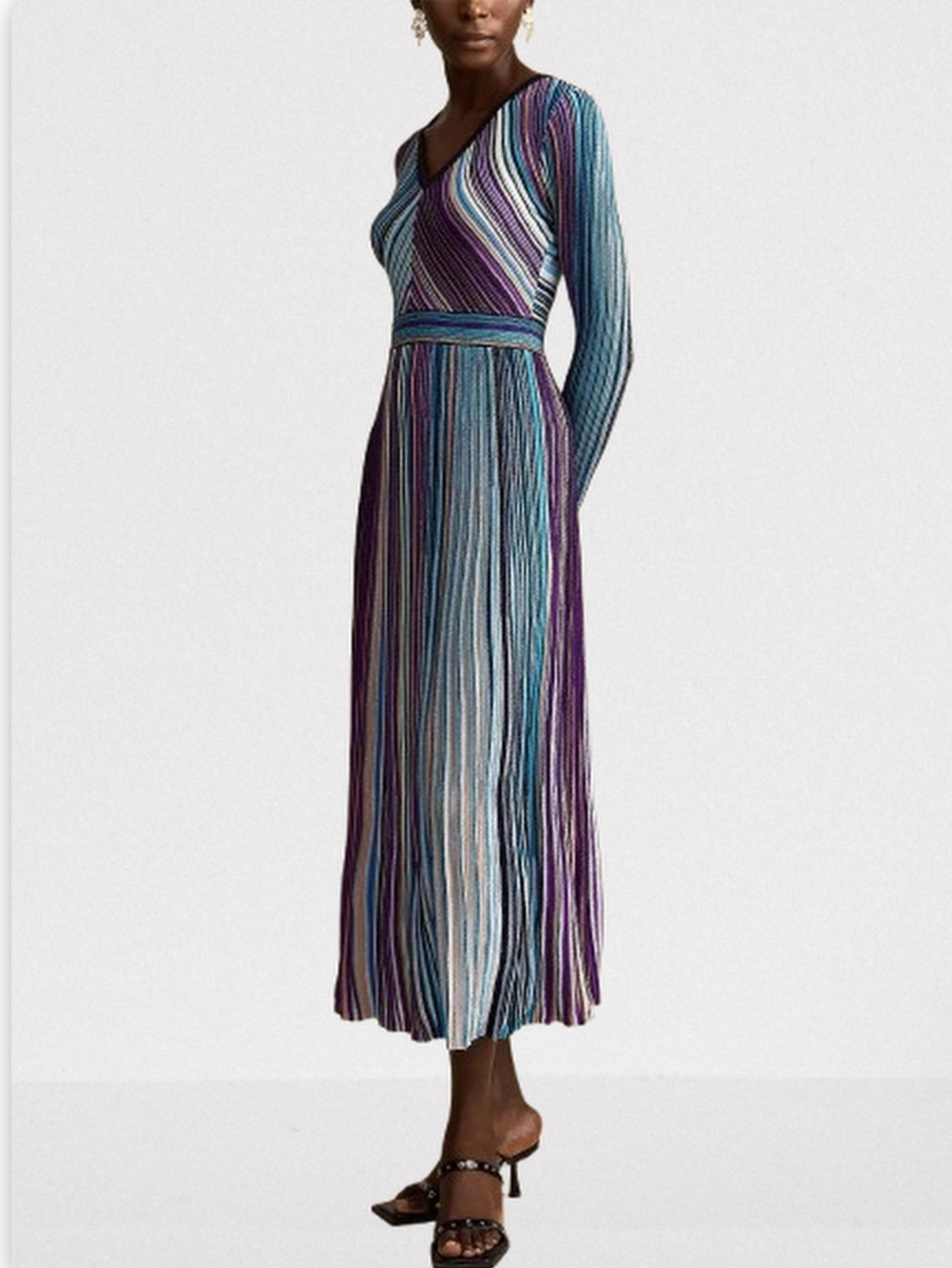 Stripe Knit V-Neck Midi Dress in Dark Multicolor - Dresses
