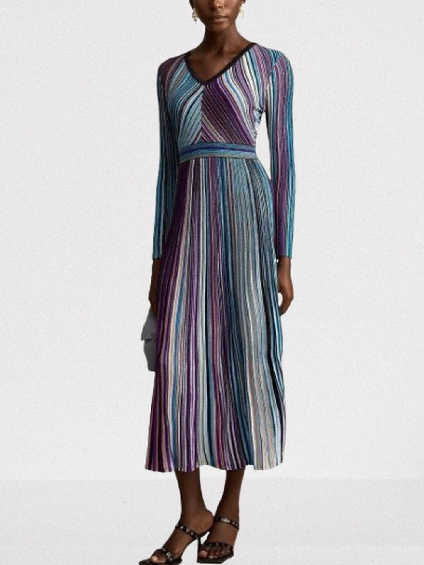 Stripe Knit V-Neck Midi Dress in Dark Multicolor - Dresses