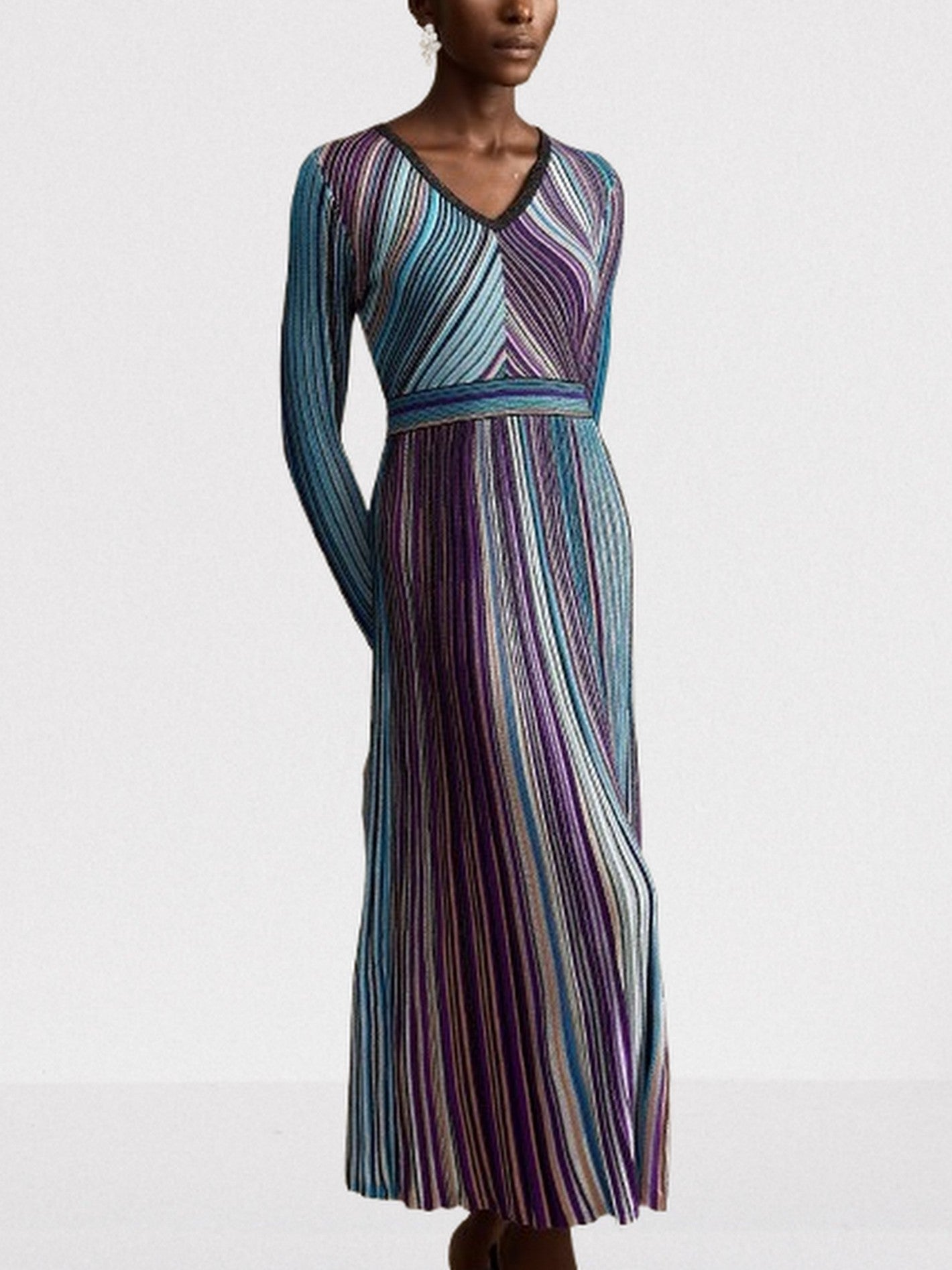 Stripe Knit V-Neck Midi Dress in Dark Multicolor - Dresses