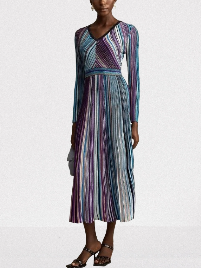 Stripe Knit V-Neck Midi Dress in Dark Multicolor - Dresses