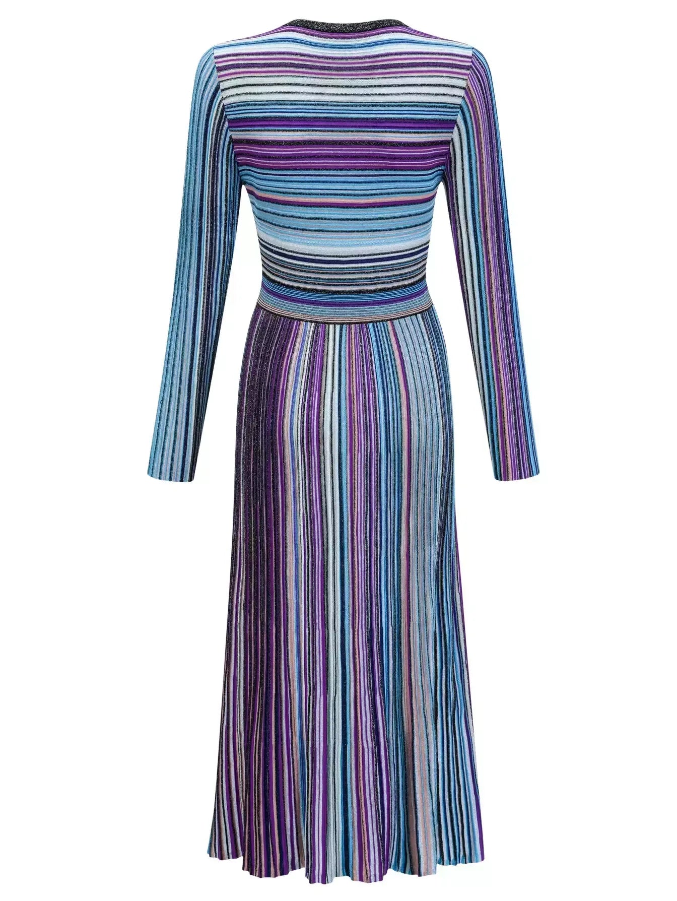 Stripe Knit V-Neck Midi Dress in Dark Multicolor - Dresses