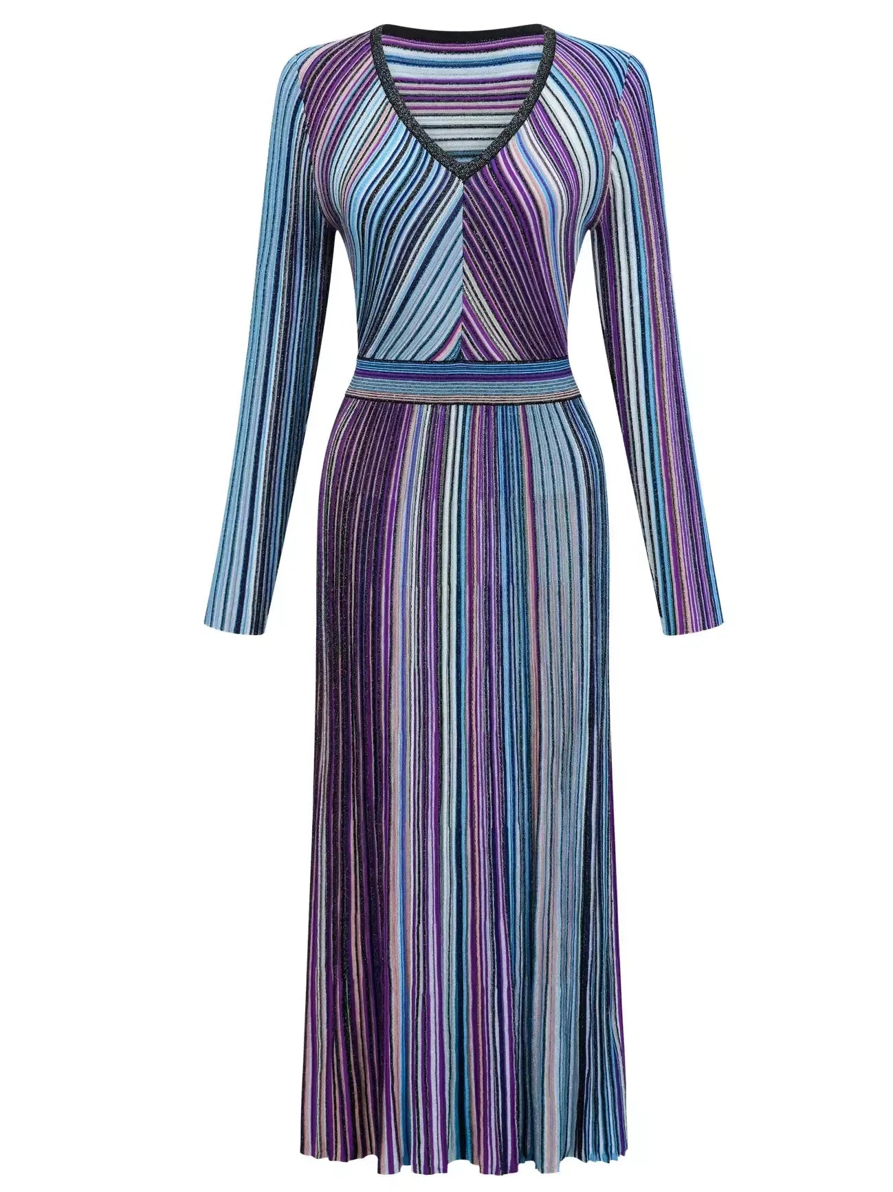 Stripe Knit V-Neck Midi Dress in Dark Multicolor - Dresses