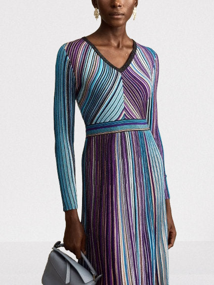 Stripe Knit V-Neck Midi Dress in Dark Multicolor - Dresses