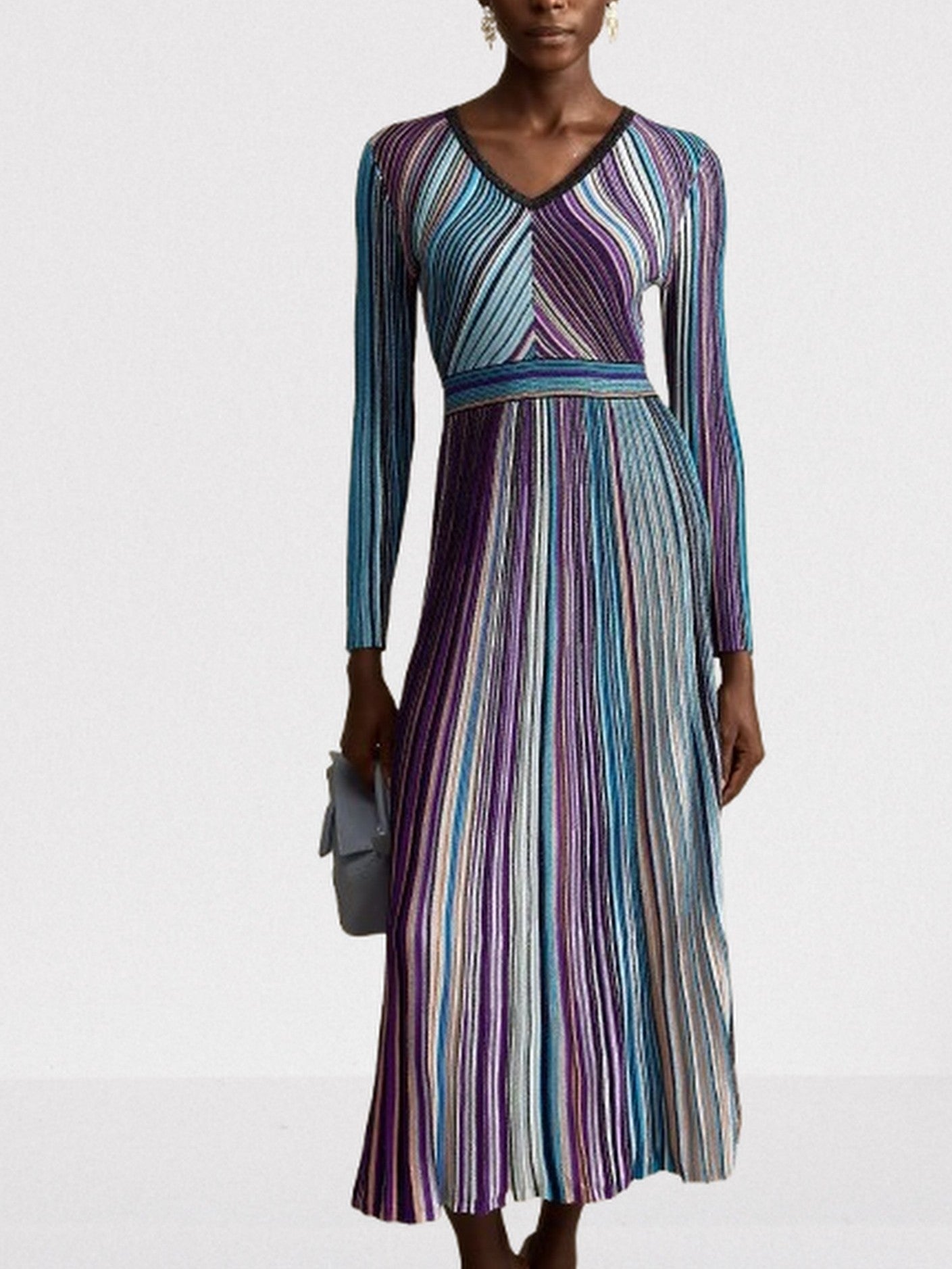 Stripe Knit V-Neck Midi Dress in Dark Multicolor - Dresses
