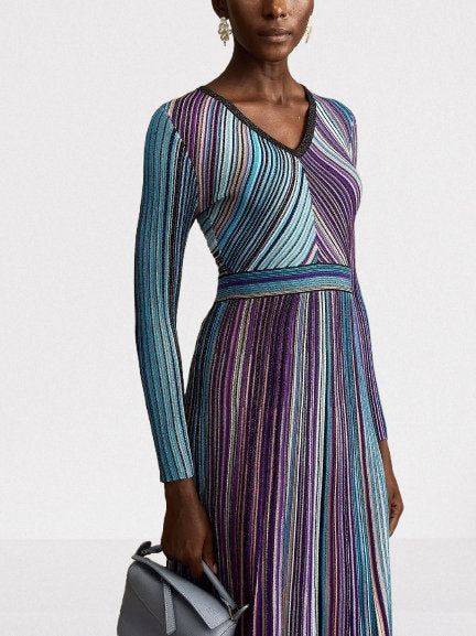 Stripe Knit V-Neck Midi Dress in Dark Multicolor - Dresses