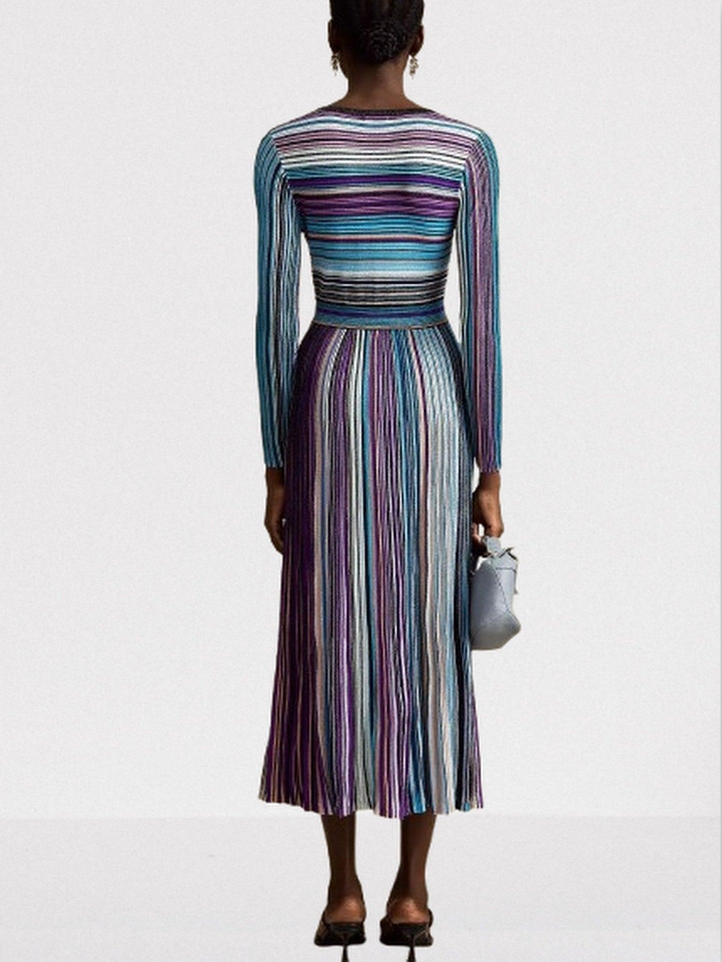 Stripe Knit V-Neck Midi Dress in Dark Multicolor - Dresses