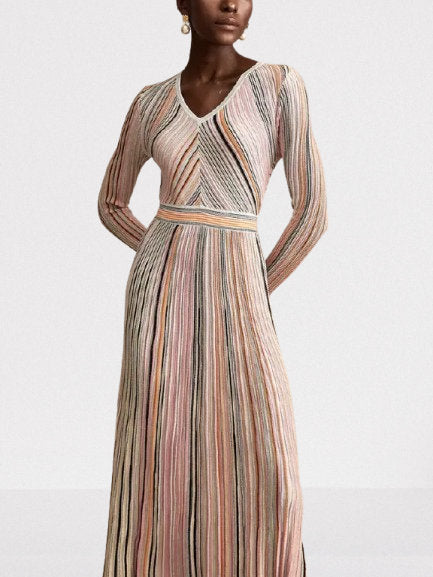 Stripe Knit V-Neck Midi Dress in Light Multicolor - Dresses