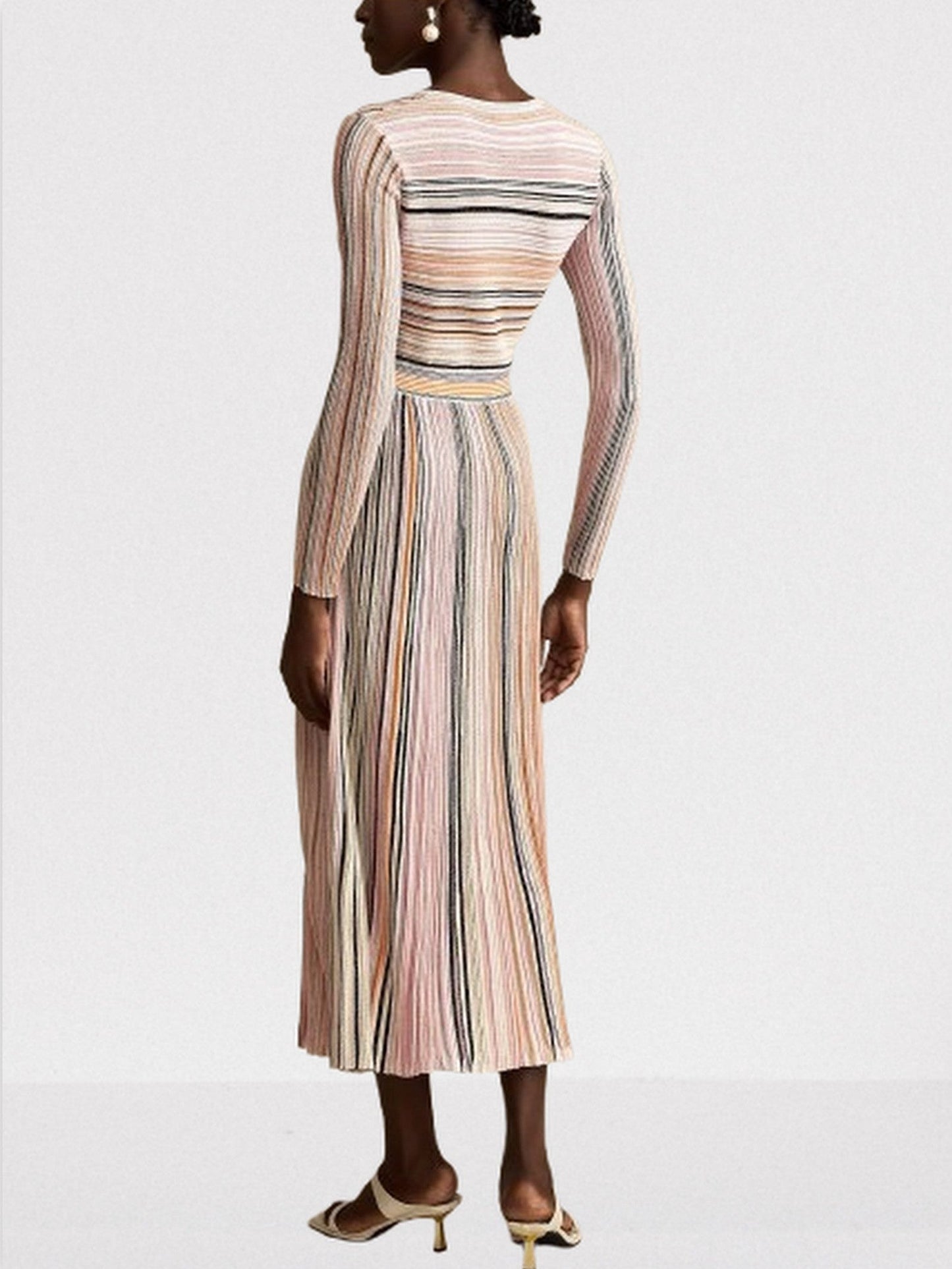 Stripe Knit V-Neck Midi Dress in Light Multicolor - Dresses