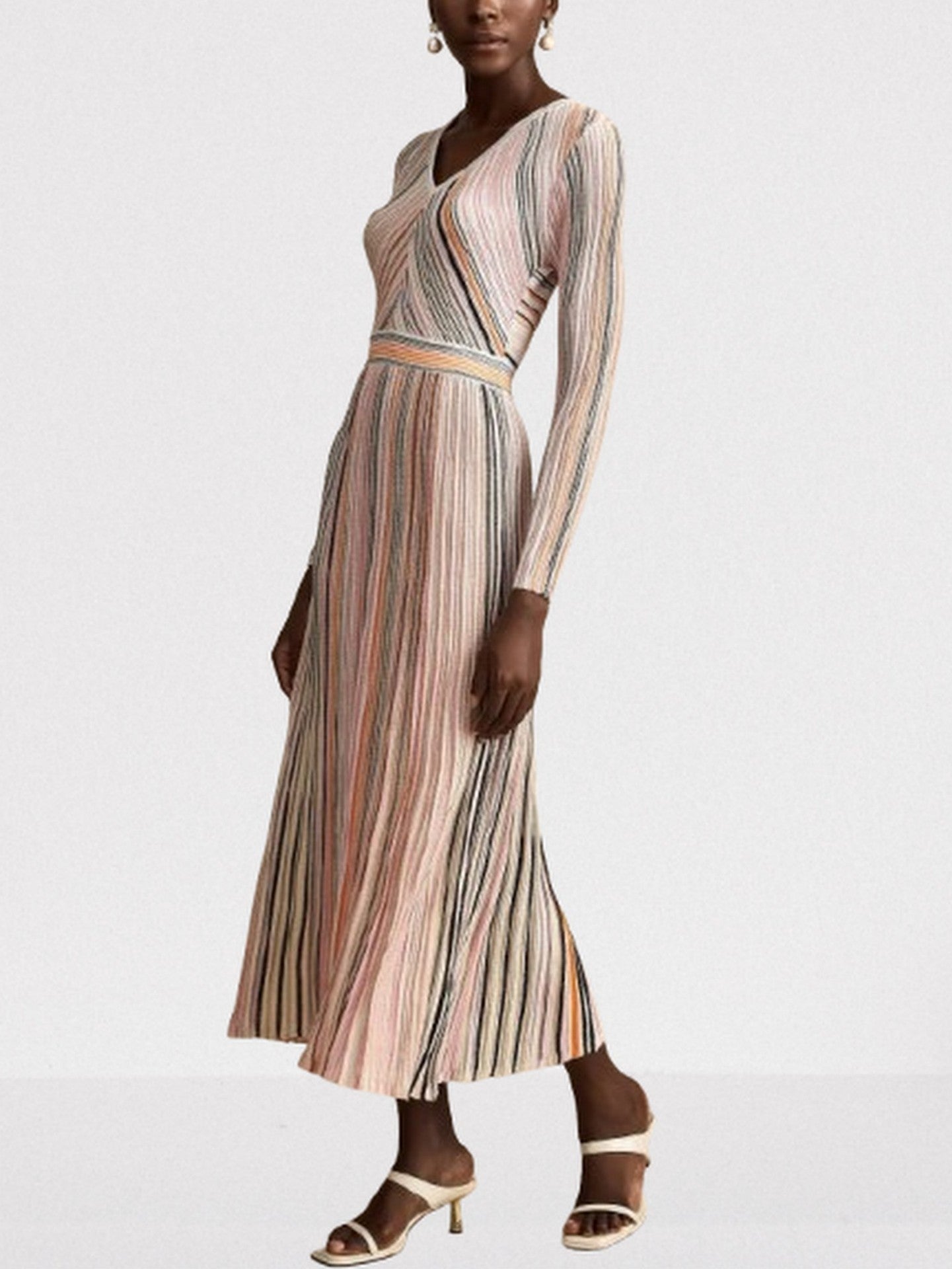 Stripe Knit V-Neck Midi Dress in Light Multicolor - Dresses