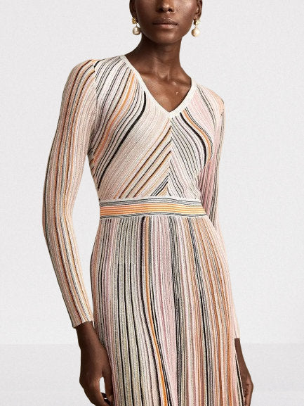 Stripe Knit V-Neck Midi Dress in Light Multicolor - Dresses