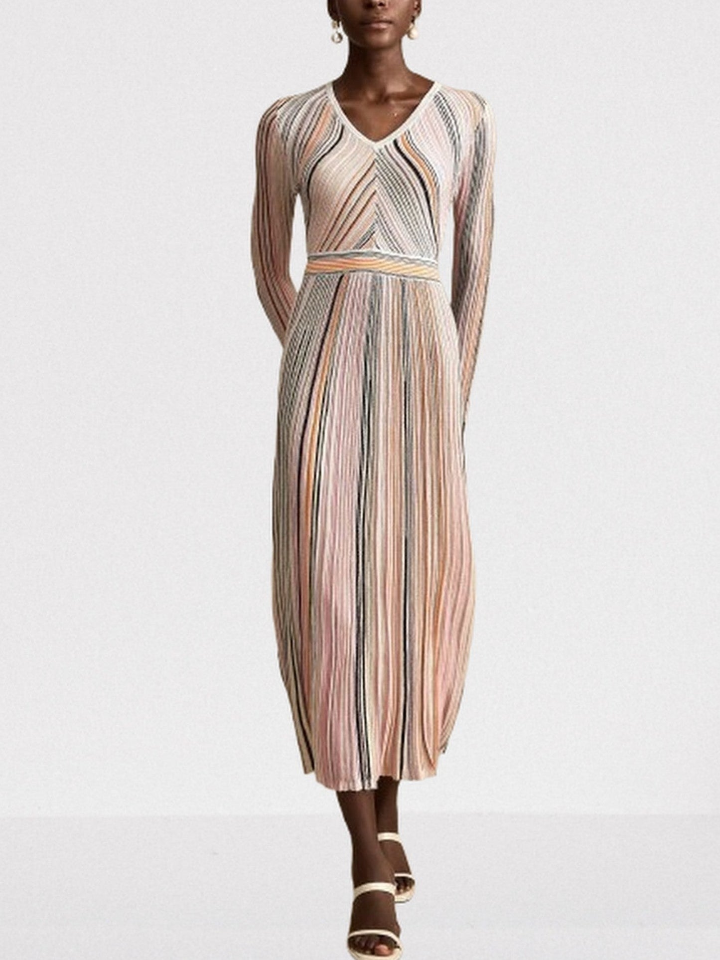 Stripe Knit V-Neck Midi Dress in Light Multicolor - Dresses