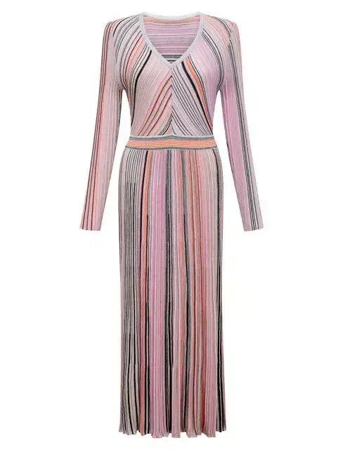 Stripe Knit V-Neck Midi Dress in Light Multicolor - Dresses