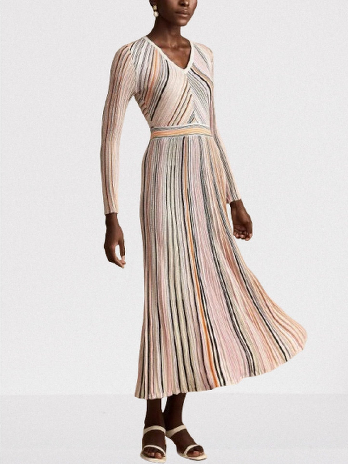 Stripe Knit V-Neck Midi Dress in Light Multicolor - Dresses